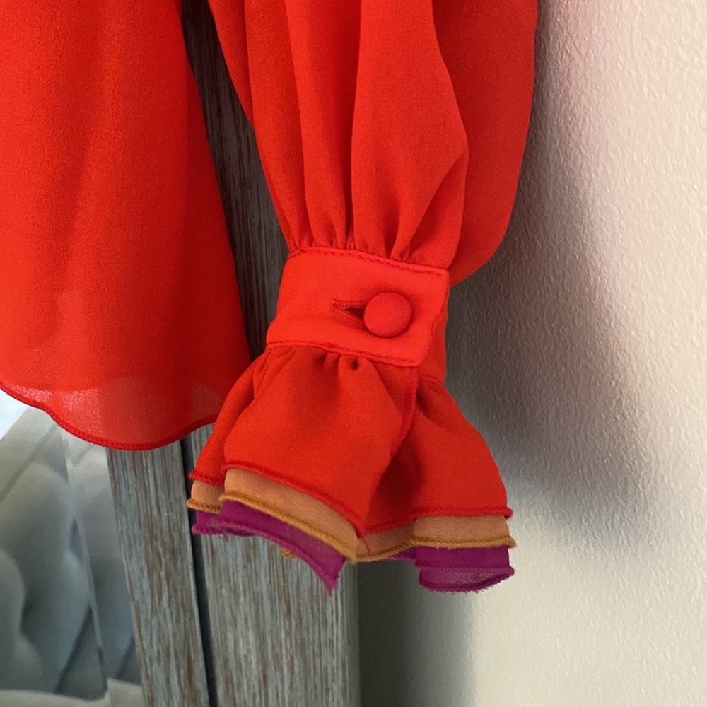 Sheer Button Up Red Blouse, Tiered Ruffle Multi-C… - image 6